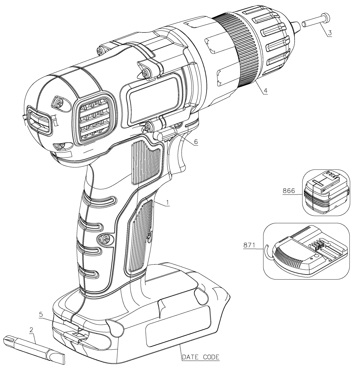 Default Diagram and Parts List for LD120CBF Type 1 Black and Decker Boring Machine